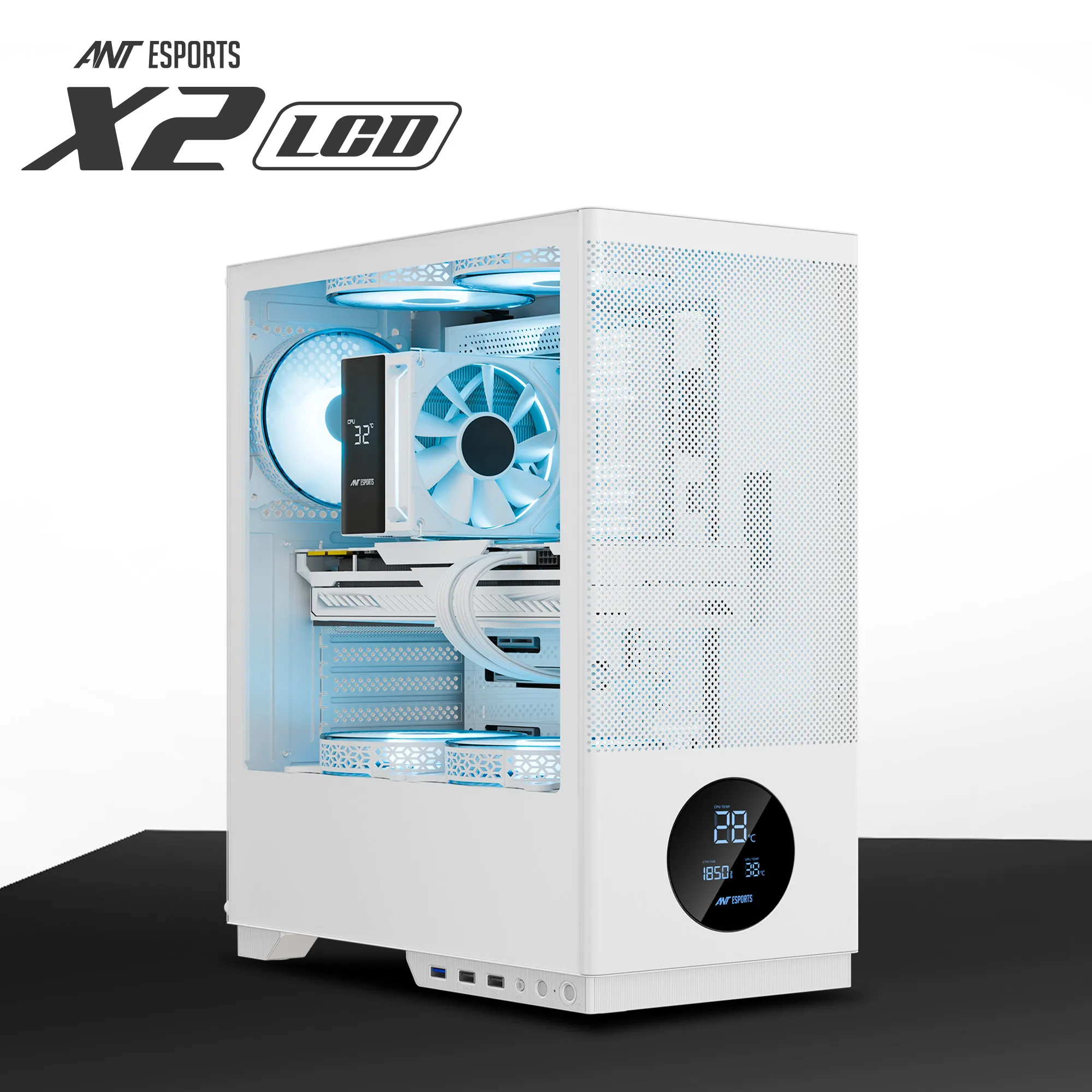 Ant Esports Mid Tower Cabinet (ATX/M-ATX/M-ITX) X2 LCD White view 2